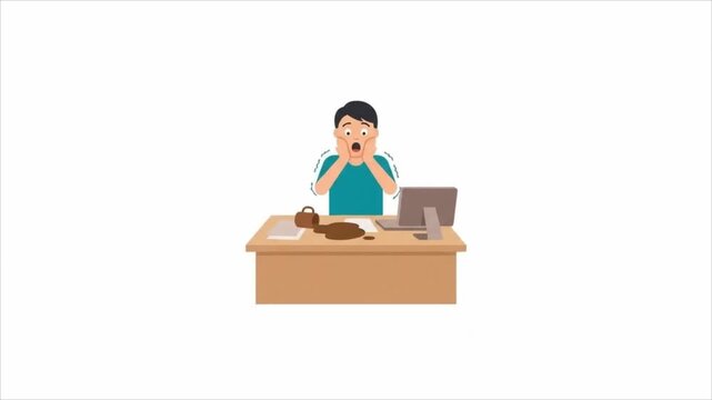 Man reacting with surprise at cluttered workspace with copy space