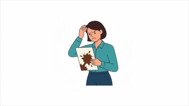Frustrated woman looking at a stained document in a flat vector animation