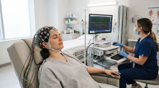 female patient sitting in chair undergoing eeg test with nurse monitoring brain activity on screen