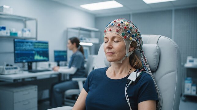 woman wearing eeg electrode cap sitting in medical lab with doctor working on computer in background
