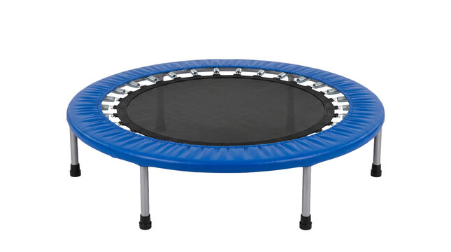 Small blue fitness trampoline for home exercise and rebound training. Durable circular equipment for cardio workouts, jumping, physical therapy, and active lifestyle habits.