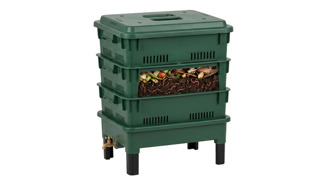 Sustainable worm farm for organic waste composting with visible soil, worms, and food scraps. Ideal for eco-friendly home gardening and recycling lifestyle concepts.