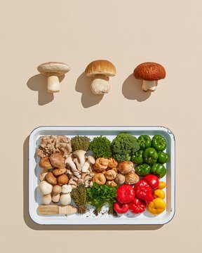 Wild mushrooms floating above a taxonomy tray of sorted vegetables and herbs, with a matte beige background and copy space for food advertising