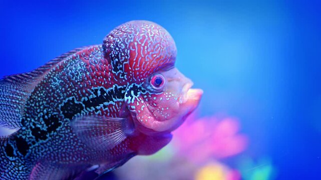 Flowerhorn Cichlid Hovering in Profile Near Pink Tank Decor