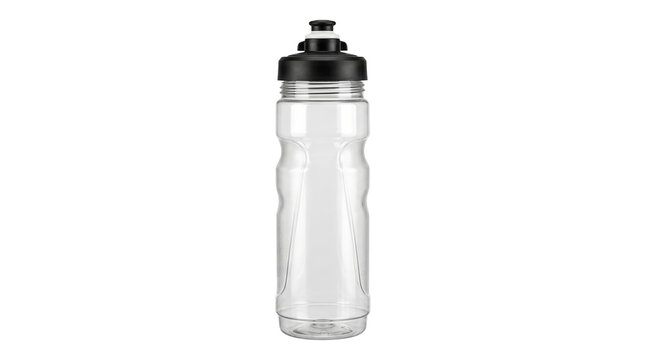 Clear plastic sports water bottle with a black lid. Perfect for fitness, gym, hydration, athletics, and healthy lifestyle branding concepts. High quality studio product shot.