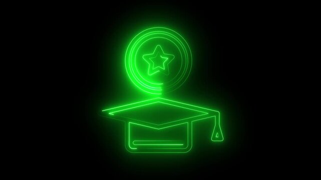 Graduation cap and star icon glowing in green neon light on black