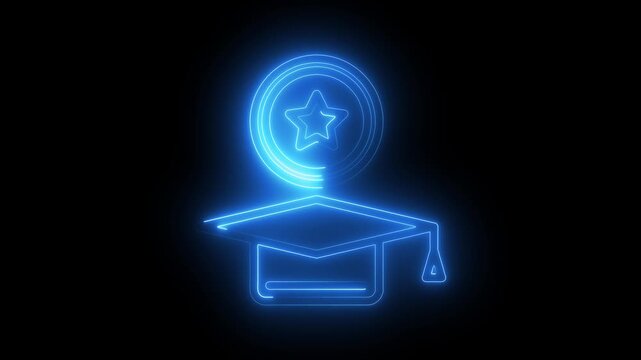 Graduation cap and star icon glowing in blue neon light on black