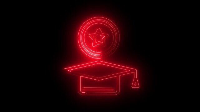 Graduation cap with star icon glowing in red neon light on black