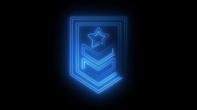 Glowing blue neon military rank insignia badge on a black background