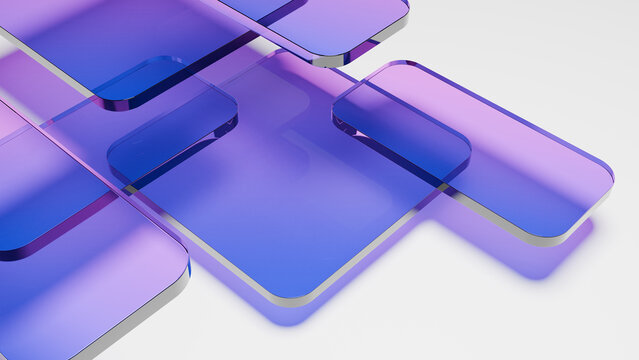 Abstract glass rectangle blue purple translucent layer, rounded geometric tile overlap with glossy gradient on white background