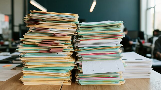 Tall stack of paper documents with tabbed dividers on a wooden office desk, messy and overwhelming for tax season and accounting