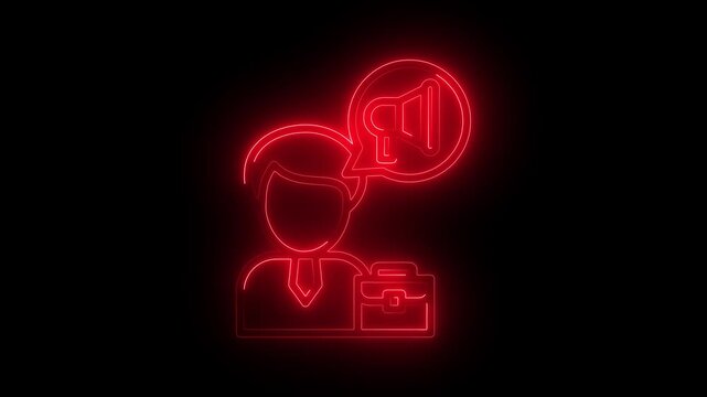 Red neon business icon of a professional with a megaphone and briefcase