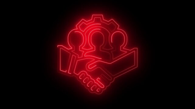 Red neon business handshake icon glowing on a black background