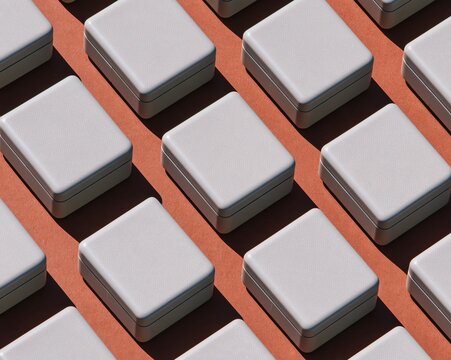 Foldable clamshell phones in sand-grey arranged in a repetition pattern on a clay background, a clean blank mockup for tech and design