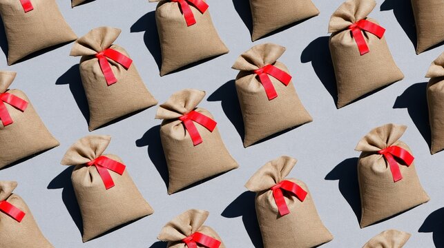 Woven jute flood-defence sandbags with red ties arranged in a pattern on a grey background for disaster and emergency preparedness