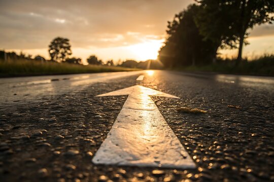 An arrow points forward along a wet road towards the sunset