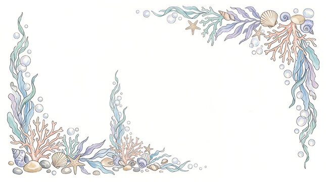 Watercolor ocean border with seashells and coral on white background