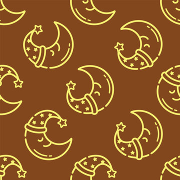 Sleeping crescent moon pattern with nightcaps. Seamless pattern of sleeping moons in nightcaps for textile design