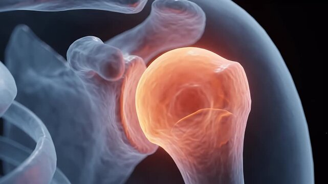 Close up of a glowing red shoulder joint within a transparent blue human torso rendering, depicting joint pain and injury, medical illustration