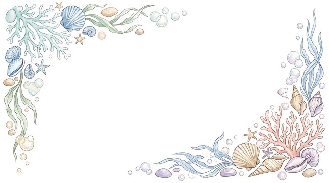 Delicate watercolor seashell and coral border on white background