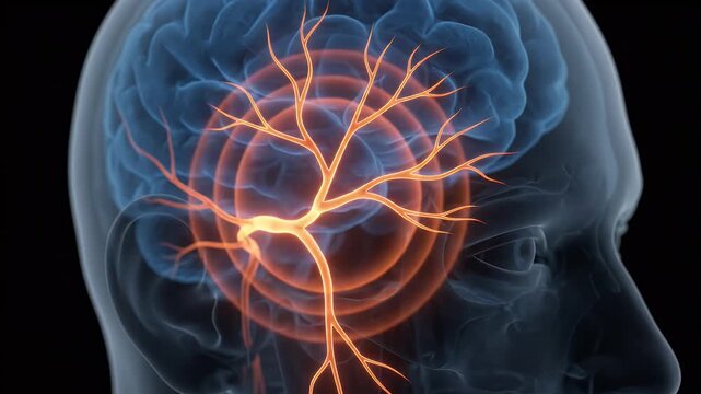 Close up visualization of trigeminal nerve pain radiating from the brainstem and skull, medical illustration of neurological disorder, migraine aura, headache throbbing pain sensation