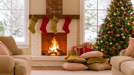 Obraz premium Cozy living room with a burning brick fireplace and decorated holiday tree, featuring soft velvet cushions for winter home campaigns