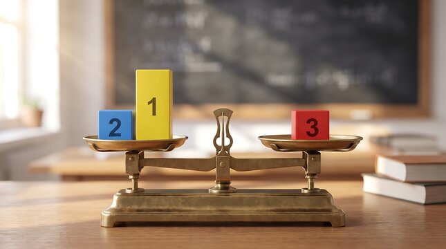 Brass balance scale with colorful podium blocks, numbered 1 2 3 ranking concept, educational school assessment background
