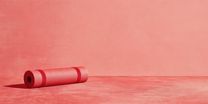 Rolled yoga mat in muted terracotta resting on a canvas surface with a plain wall, featuring soft diffuse light and copy space for wellness branding