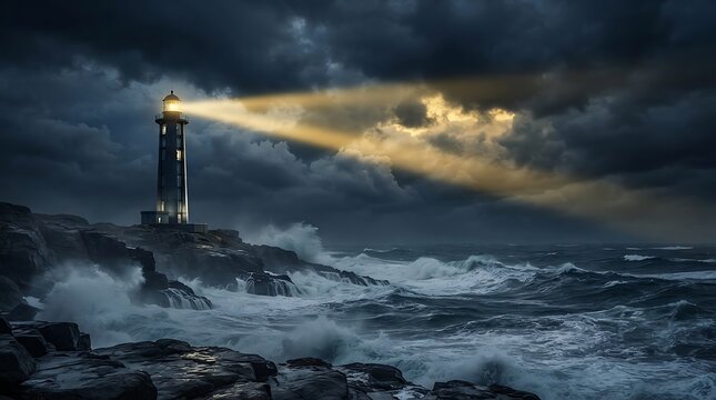 Dramatic lighthouse beam illuminating dark storm clouds over rough ocean