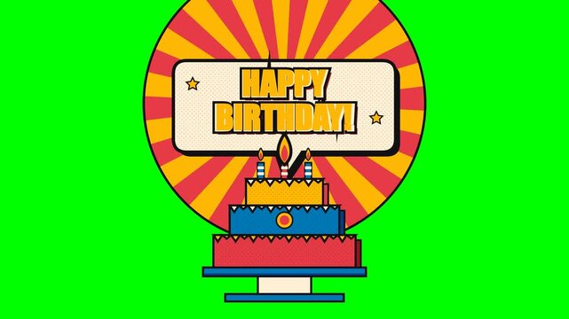 4K vintage comic pop art birthday cake animation where candle flame energy triggers speech bubble inflation, cake compression, and a 3-layer offset print typography burst in a 100% seamless loop.