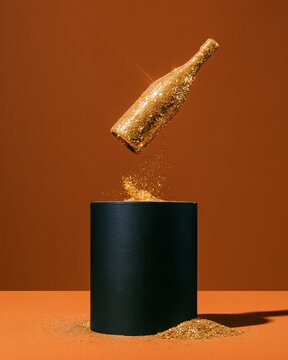 Gold glitter bottle floating above a black product podium, featuring a sparkling metallic texture and mockup space for fragrance advertising