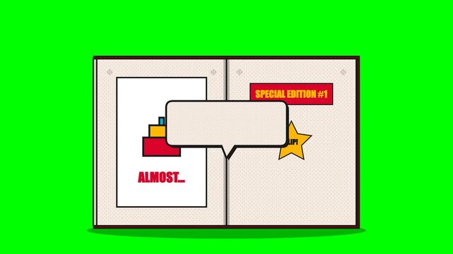 A 4K deterministic HTML5 canvas animation simulating a vintage comic flipbook sequence that transforms into a pop-art birthday explosion reveal with a frame-perfect 8-second loop.