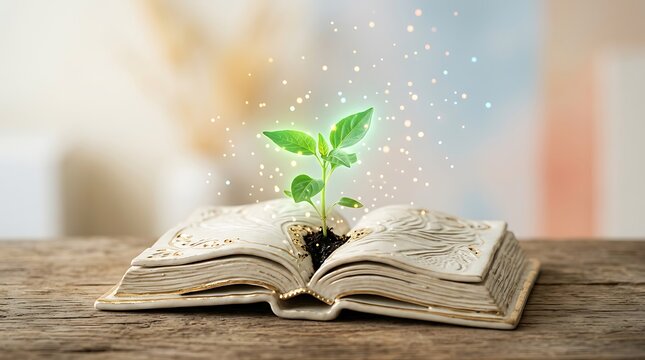 Magical small plant growing from an open book with glowing golden particles