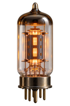 Vacuum tube glowing with orange light, intricate internal structure, vintage technology , transparant backround, AI generative