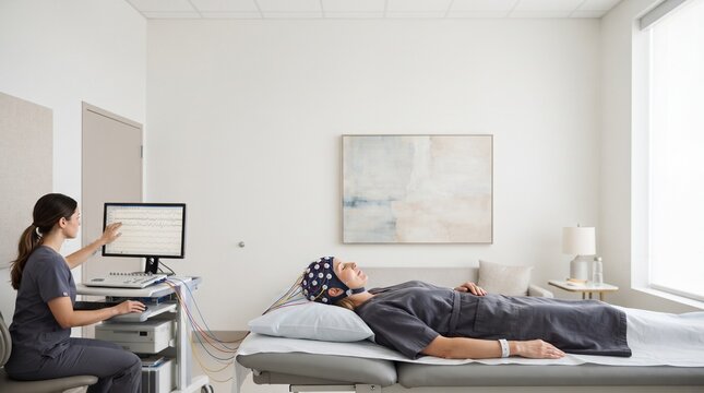 female doctor performing eeg electroencephalogram brain wave scan test on patient lying down in modern neurology clinic room