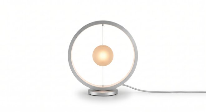 Circular ring table lamp with a floating glowing sphere in the center on a white background