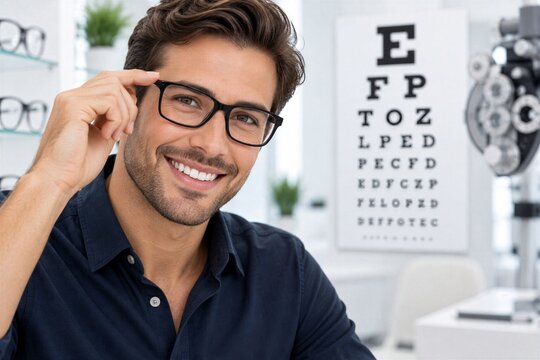 Smiling Man Wearing Black Eyeglasses During Eye Exam with Vision Chart, Optometry, Prescription Glasses, Clear Eyesight, Ophthalmology, Eye Health and Routine Vision Care Concept