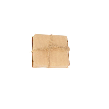 A small square gift box wrapped in rustic brown paper and tied with natural twine, isolated on a clean white background.