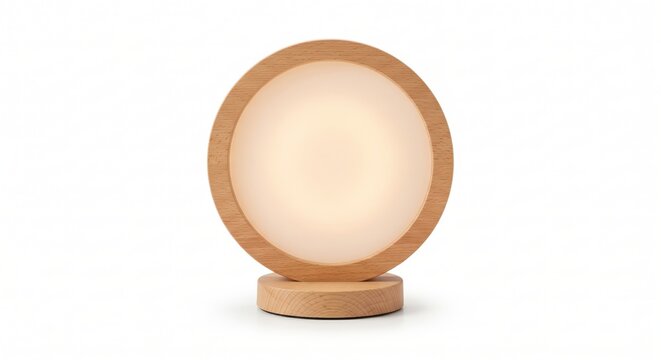 Circular wooden desk lamp with a warm diffused glow and natural light wood frame isolated on a plain white background