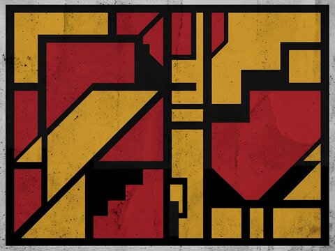 Abstract constructivist geometric pattern with red yellow and black lines