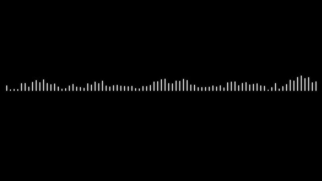 Abstract music sound spectrum with white audio waveform lines on black background, dynamic equalizer bars, frequency meter animation, podcast voice signal and digital pulse, 4K