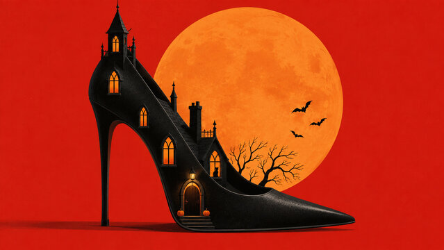 Surreal Halloween illustration of a gothic high heel transformed into a haunted castle under a giant orange moon, ideal for posters, banners, cards and seasonal advertising.