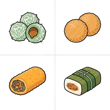 Indonesian traditional snacks klepon onde onde risoles lemper vector illustration