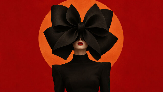 Surreal Halloween fashion portrait of a woman with an oversized black bow covering her eyes, red lips and an orange moon, ideal for posters, banners, cards and editorial advertising.