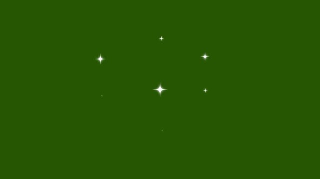 Glitter star sparkling light effect motion graphics in After Effects on green screen background, white cartoon blinking stars with luminous glow trails and smooth animation loop 4k video