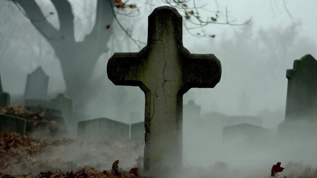 Slow dolly in shot of weathered stone cross standing amid drifting fog and fallen leaves in old cemetery