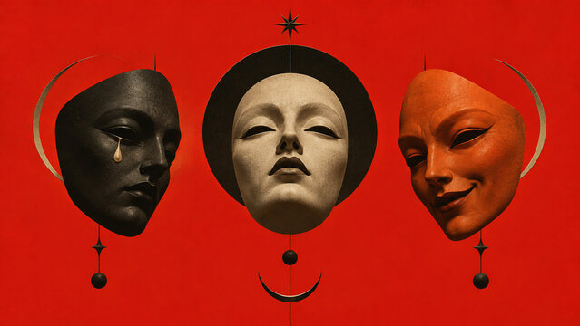 Surreal Halloween illustration with floating black, orange and white theatrical masks, flowing ribbons and an eclipse on a red background, ideal for posters, banners and invitations.