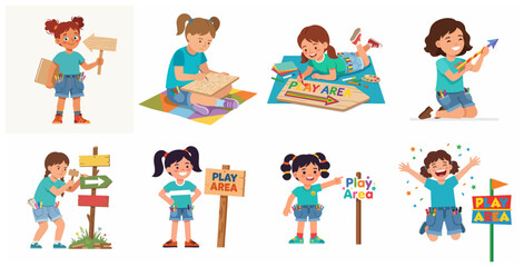 Fototapeta premium Set of illustrations of creative little girls making and decorating wooden signs for a play area