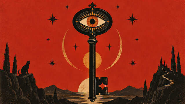 Surreal Halloween illustration with an ornate key topped by a mystical eye, crescent moons and stars over a dark landscape, ideal for posters, banners, cards and seasonal advertising.