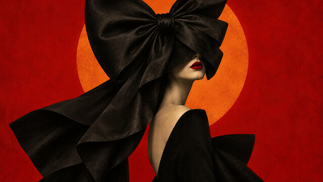 Surreal Halloween fashion portrait of a woman with an oversized black bow covering her eyes, red lips and an orange moon, ideal for posters, banners, cards and editorial advertising.